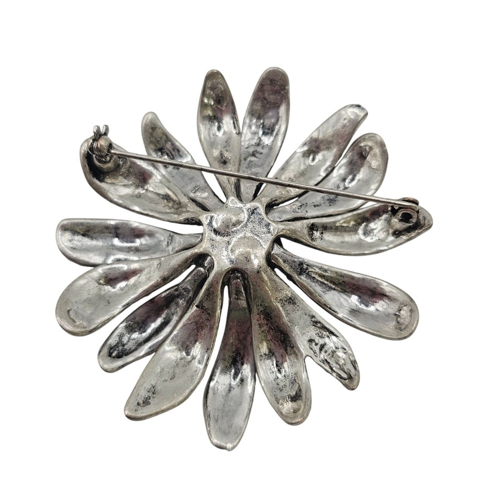 Floral‎ Rhinestone Brooch Pin Dark Silver Tone Daisy Statement 2.75" Sparkle - Picture 10 of 13
